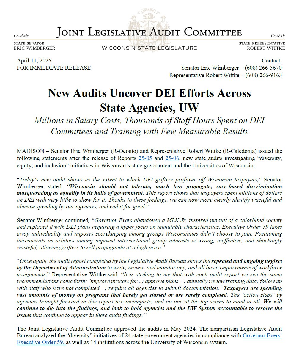 EricWimberger's tweet image. Earlier today, the audits @RepWittke and I ordered as co-chairs of the Joint Legislative Audit Committee to investigate so-called "diversity, equity, and inclusion" initiatives in Wisconsin's state government and the Universities of Wisconsin were released to the public.
The…