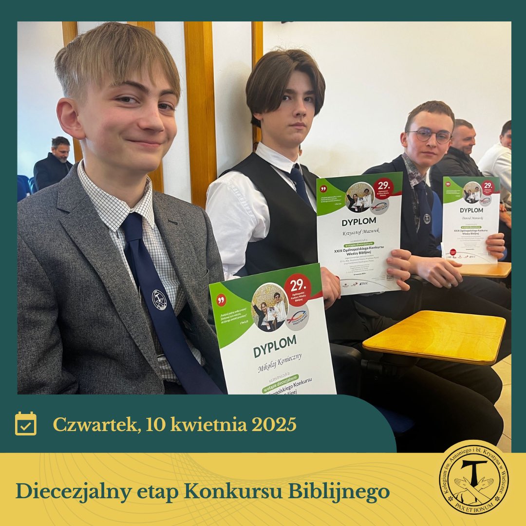 NSD_OFM's tweet photo. 10 kwietnia odbył się etap diecezjalny 29. edycji Ogólnopolskiego Konkursu Wiedzy Biblijnej 📖✝️🤝. W konkursie wzięli udział uczniowie szkół średnich 🏫, w tym także reprezentanci naszej szkoły: Krzysztof Mazurek, Dawid Maniecki oraz Mikołaj Konieczny 👨‍🎓👨‍🎓👨‍🎓 https://t.co/zkcFjuZcWy