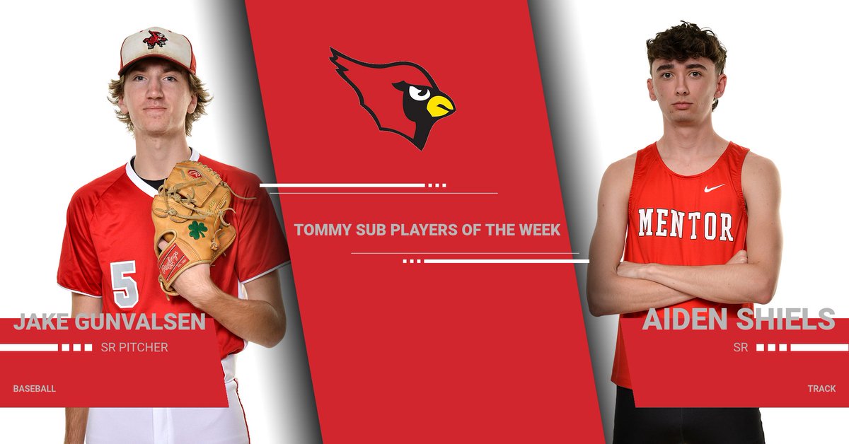 MentorAthletics's tweet photo. Our Tommy's Subs Players of the week. Jake Gunvalsen who had 4 strikeouts and the save in the last game and Aiden Shiels who won the 400 at Massillon relays and the 4x800 relay at Hoover Invite! Great Job Cards! #onceacard #thestandard https://t.co/qplnkKJO5U