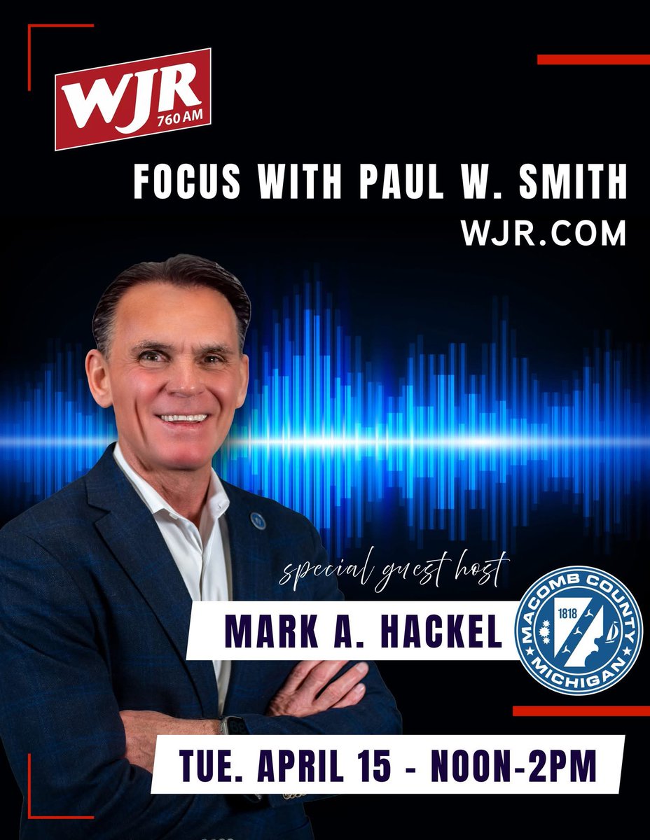 Join me on the Great Voice of the Great Lakes WJR next Tuesday, April 15th. from Noon to 2pm. 
Looking forward to guest host for Paul W. Smith.