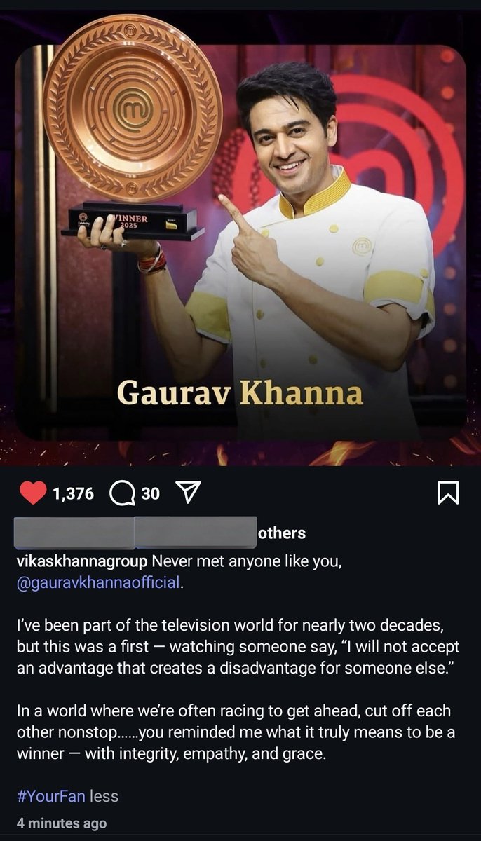 Mahima4Shet's tweet photo. Chef Vikas's post for Gaurav🥹🤌♥️
The last hashtag #YourFan 😭😭this means a lot🫶

#ChefGaurav #GauravKhanna #CelebrityMasterChef https://t.co/eMSi0Ws3lC