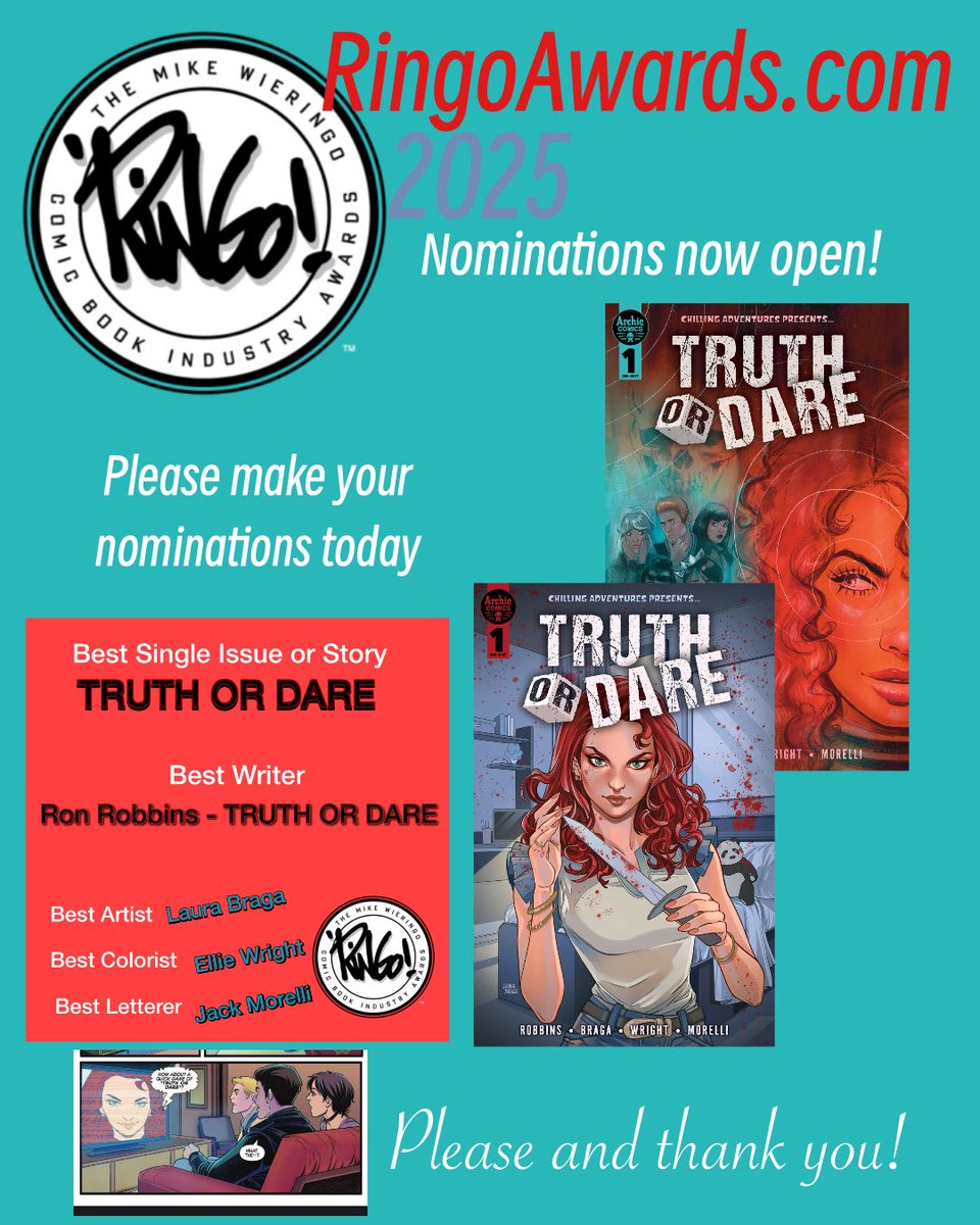 ronnymarc's tweet photo. @ringoawards nomination szn is here! Please consider TRUTH OR DARE and our incredible creator team, built by @ArchieComics 💕 https://t.co/hOaOj5RPif
