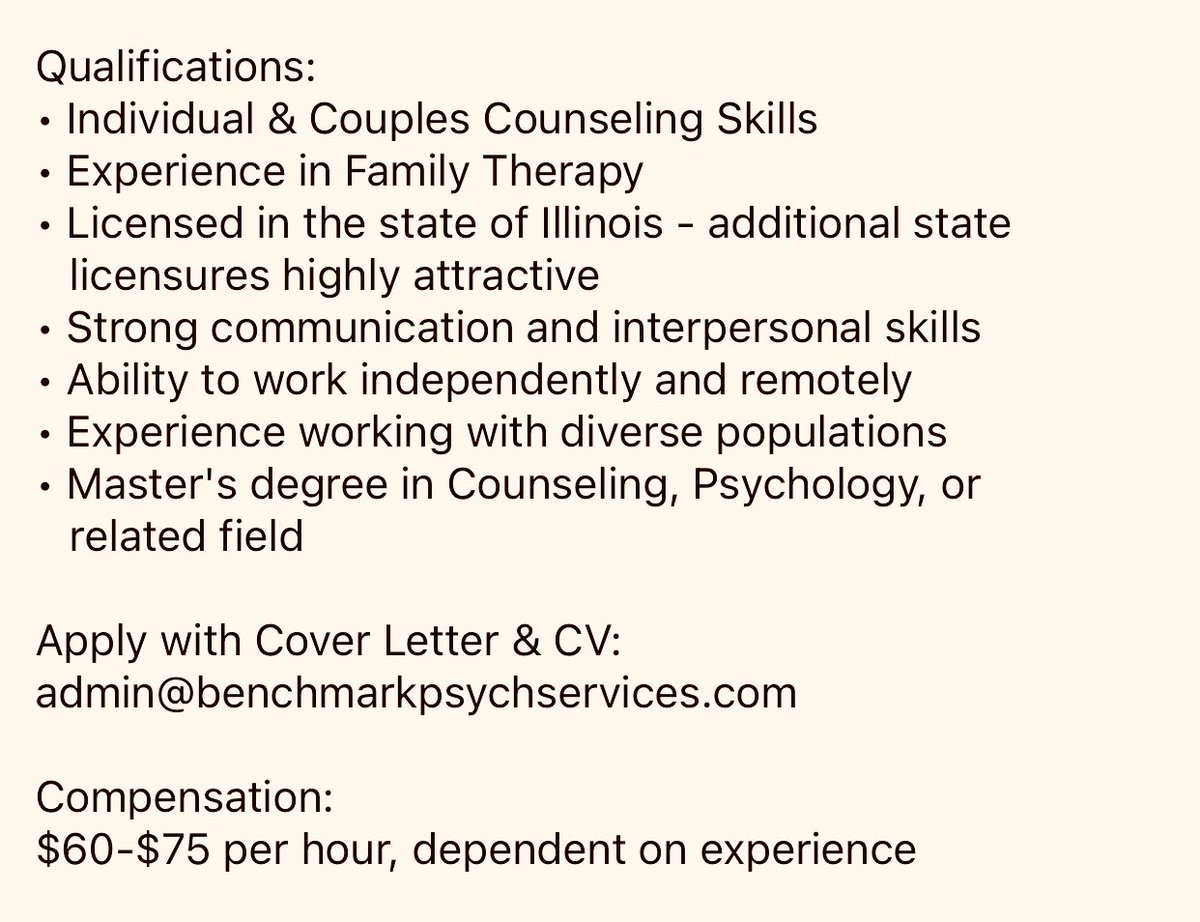 BenchmarkPsych's tweet photo. WE ARE HIRING THERAPISTS! (#LCPC, #LCSW &/OR #LMFT)
•make-your-own schedule
•100% #telehealth
•outpatient only
•excellent admin support
•IL license required
Apply By Sending CV & Cover Letter:
admin@benchmarkpsychservices.com
#MentalHealth #jobs https://t.co/GuwHUEqzXA