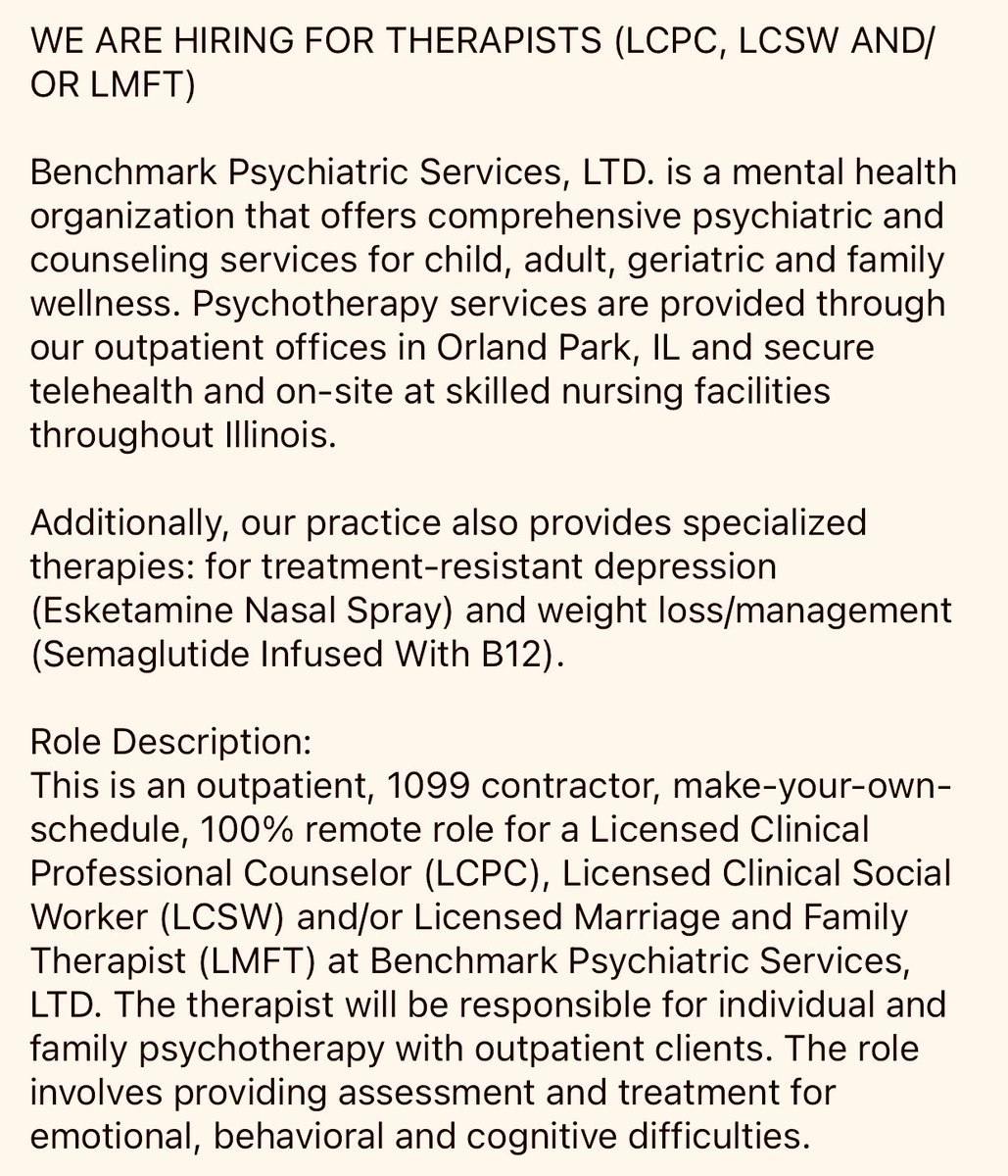 BenchmarkPsych's tweet photo. WE ARE HIRING THERAPISTS! (#LCPC, #LCSW &/OR #LMFT)
•make-your-own schedule
•100% #telehealth
•outpatient only
•excellent admin support
•IL license required
Apply By Sending CV & Cover Letter:
admin@benchmarkpsychservices.com
#MentalHealth #jobs https://t.co/GuwHUEqzXA