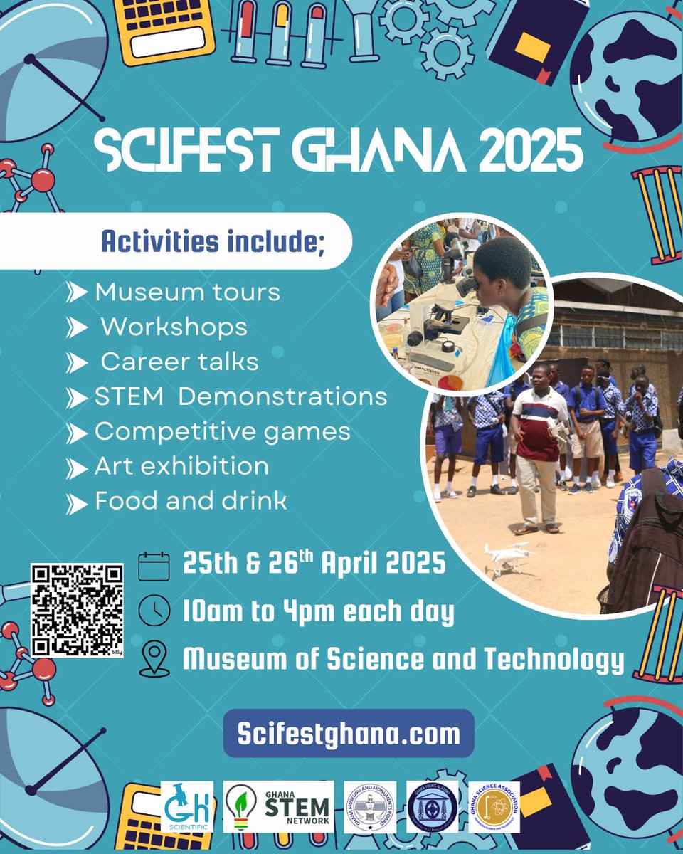 Ghscientific's tweet photo. Join us for the 3rd edition of #ScifestGhana happening in 13 days! Come let's have a festive time with games, food and awe!!!
π
: 25th & 26th April 2025
π: Museum of Science and technology
π°: GHC50 (GHC30 for early bird)
@ghana_museums @scienceghana @mstghana #STEMGheek https://t.co/uZoUCsiO7e