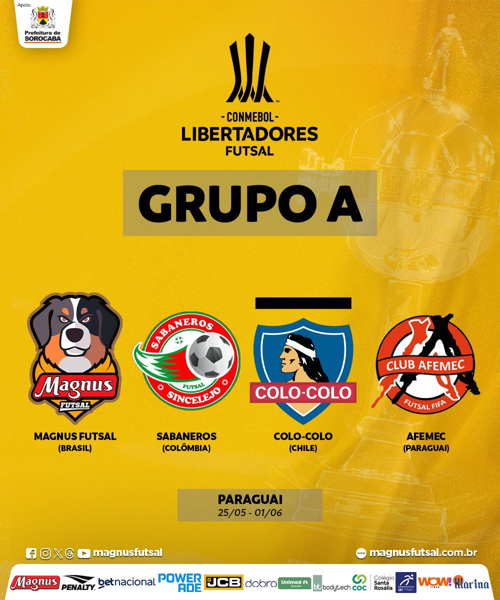 MagnusFutsal's tweet photo. Adversários definidos! Estamos no Grupo A da Libertadores ao lado de: Sabaneros (Colômbia), Colo-Colo (Chile) e Afemec (Paraguai).

Esta edição acontecerá entre os dias 25 de maio e 1º de junho, e será disputada no Paraguai.

Mais informações: @LibertadoresFS 

#GoMagnus https://t.co/Yq9vaJHr3Z