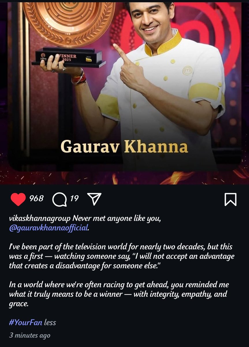 S6871478249727's tweet photo. Chef #VikasKhanna is us. 
#YourFan #GauravKhanna always and forever! 
A winner with grace 🫶🫶
This post has made me emotional! 🥹 https://t.co/2hUISNDfwW