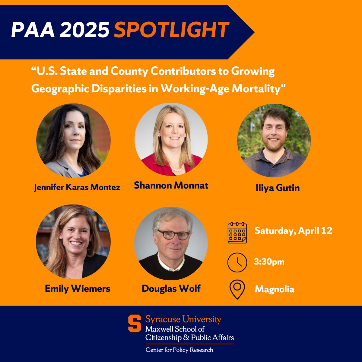 Center for Policy Research (@cprmaxwell) on Twitter photo Today at 3:30pm! Iliya Gutin, <a href="/smonnat/">Shannon Monnat</a>, <a href="/jennkarasmontez/">Jennifer Karas Montez</a>, Emily Wiemers, and Doug Wolf will present their work at #PAA2025. <a href="/PopAssocAmerica/">PAA</a> Today at 3:30pm! Iliya Gutin, <a href="/smonnat/">Shannon Monnat</a>, <a href="/jennkarasmontez/">Jennifer Karas Montez</a>, Emily Wiemers, and Doug Wolf will present their work at #PAA2025. <a href="/PopAssocAmerica/">PAA</a>