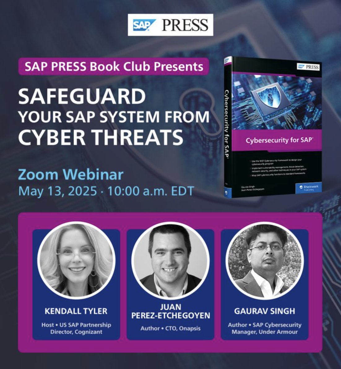 onapsis's tweet photo. Got your copy of Cybersecurity for SAP?
๐ Join us May 13 at 10 AM ET for the #SAPPRESSBookClub! Authors Juan Perez-Etchegoyen & Gaurav Singh will dive into key insights on SAP security.
Register ๐ https://t.co/e78WeD2vG5
#Cybersecurity #SAPSecurity https://t.co/q99h9bnyf3