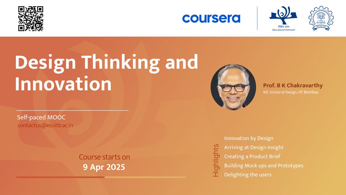 Educational Outreach at IIT Bombay (@eoatiitb) on Twitter photo We’re thrilled to announce the launch of a new course on Design Thinking and Innovation on Coursera. Offered by Prof. B K Chakravarthy from the <a href="/idc_iitb/">IDC, IIT Bombay</a> <a href="/iitbombay/">IIT Bombay</a>
Register now: coursera.org/learn/designth… We’re thrilled to announce the launch of a new course on Design Thinking and Innovation on Coursera. Offered by Prof. B K Chakravarthy from the <a href="/idc_iitb/">IDC, IIT Bombay</a> <a href="/iitbombay/">IIT Bombay</a>
Register now: coursera.org/learn/designth…