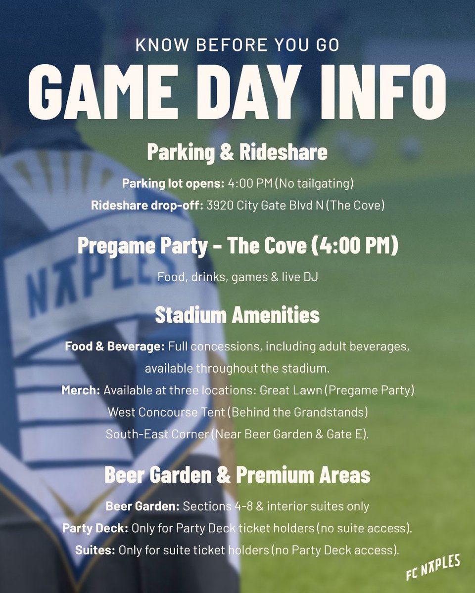 fcnaples_'s tweet photo. You bring the noise, weโll bring the action โก๏ธ
โ ๏ธ Before you head to the match, check out everything you need to know. Be prepared, stay hyped, and letโs rally behind our undefeated team! ๐ฅ
#FCNaples #USLLeagueOne #InauguralSeason #PCSCNaples #NaplesFL #SWFL #ParadiseCoast https://t.co/lDfZBd0VaO