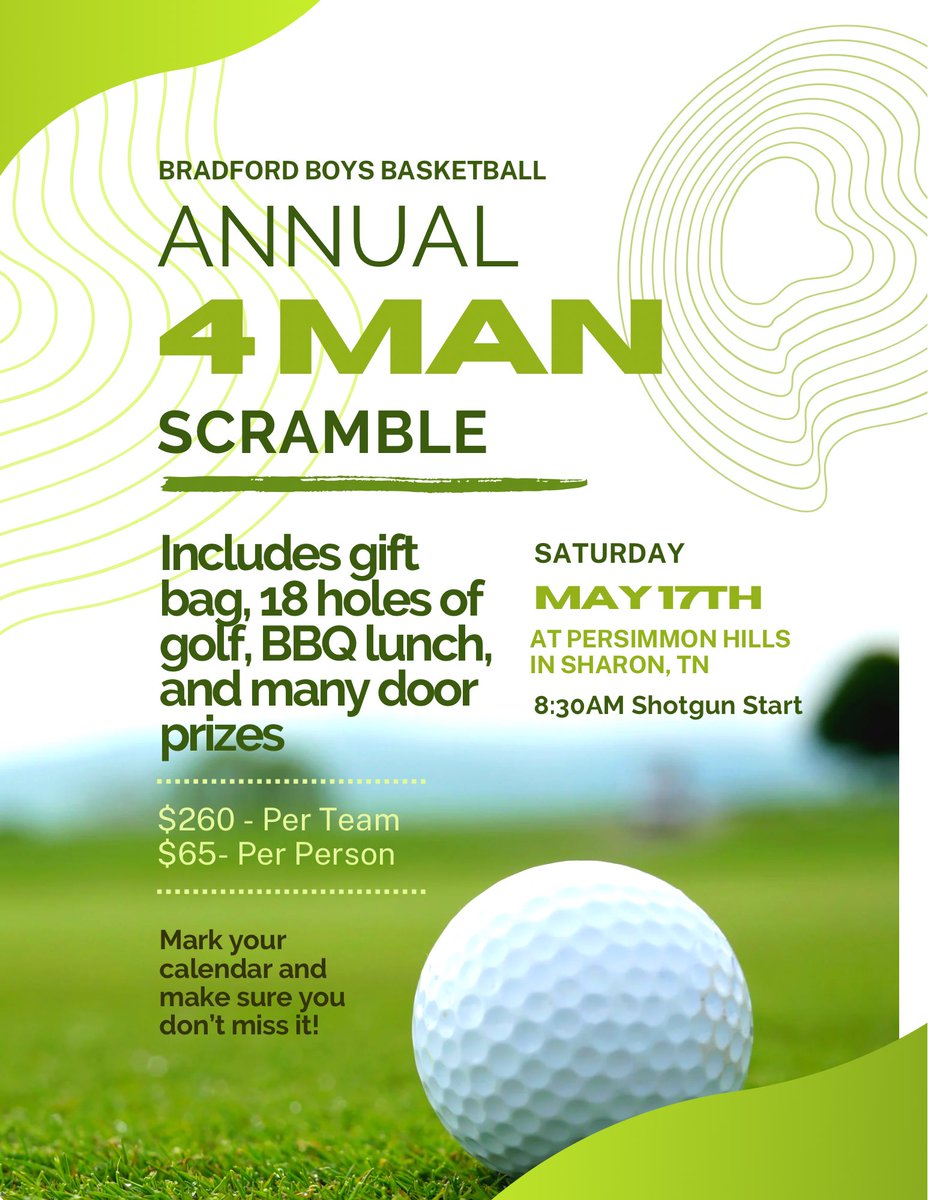 bradfordhoops20's tweet image. Mark your calendar and come and join us on May 17th at Persimmon Hills GC in Sharon, TN. Gift bags, 18 holes of golf, free BBQ lunch and many door prizes. See u on the 17th!⛳️