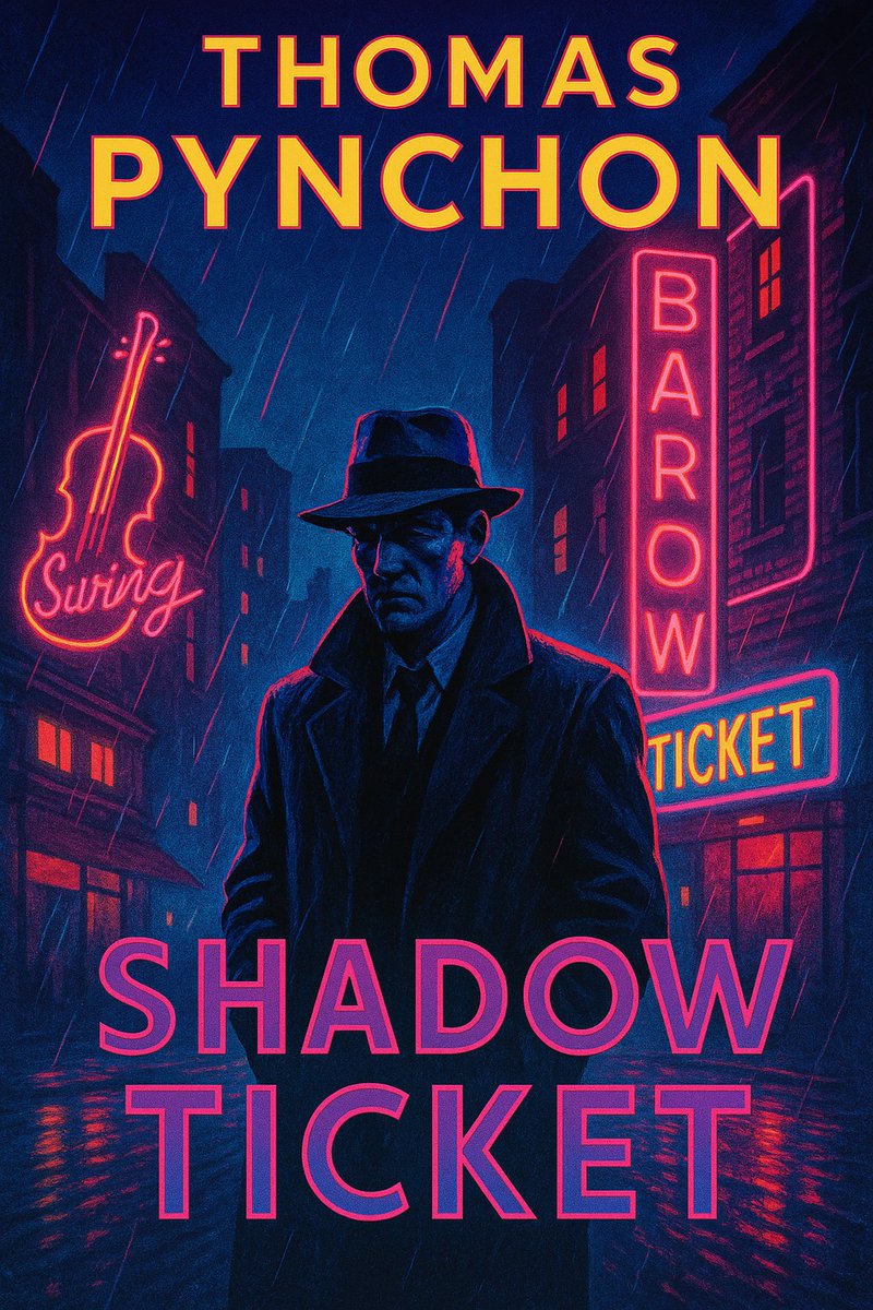 mszmandra's tweet photo. Jeszcze w tym roku w zapowiedziach nowa powieść baj Thomas Pynchon - Shadow Ticket. Czekam i promptuję do AI, żeby swoją propozycję okładki stworzył, a więc: https://t.co/pMPakIQDzf