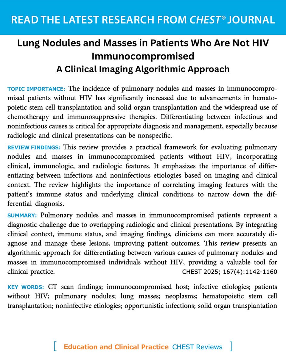 accpchest's tweet photo. A #CHESTReview presents an algorithmic approach for differentiating between various causes of pulmonary nodules &amp; masses in individuals without #HIV who are #immunocompromised, providing a valuable tool for clinical practice. Read more: https://t.co/4wuoTWGSqD
#MedTwitter #MedEd https://t.co/nYtpreqiaG