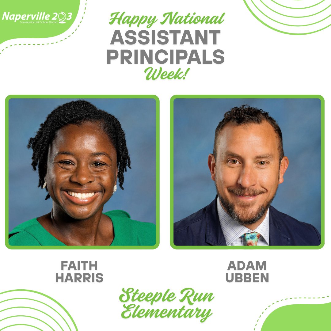 Naperville203's tweet image. Happy National Assistant Principals Week! 🌟 Faith Harris &amp;amp; Adam Ubben at Steeple Run lead with heart, dedication, and teamwork. From student advocacy to school operations, their impact is felt in every corner of our community. Thank you both! 🍏 #Elevate203