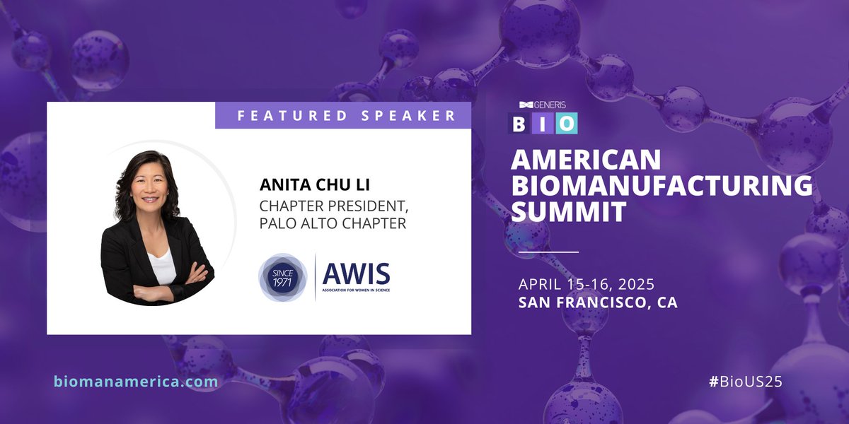 AWISNational's tweet photo. The American Biomanufacturing Summit is happening April 15-16, where top biopharma executivescome together to discuss challenges, opportunities and innovations. AWIS Palo Alto Chapter President Anita Chu Li is a featured speaker. https://t.co/rBIerPBqzl #BioUS25 @BioMfg https://t.co/SqmdHPlUyD