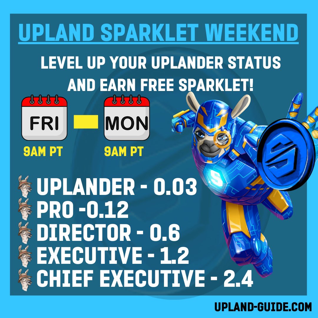 It’s that time of the week again in the Upland Metaverse- sparklet weekend!!! Learn everything you need to know about buying sparklet and leveling up your metaverse status in <a href="/UplandMe/">Upland</a> 
upland-guide.com/economy/sparkl…