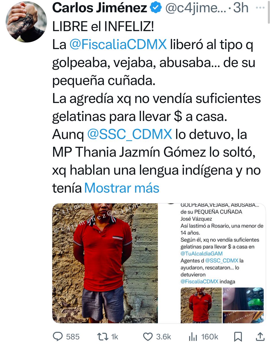 c4jimenez's tweet photo. LA FUNCIONARIA q LIBERO al INFELIZ
Es la Mp de @FiscaliaCDMX Menores Thania Jazmin Gómez.
Dejó ir al tipo q golpeaba, vejaba, abusaba… de su pequeña cuñada de 14 años.
Aunq @SSC_CDMX lo detuvo, ella ordenó liberarlo xq hablan una lengua indígena y no tenía intérprete. https://t.co/mZHR2m4flj