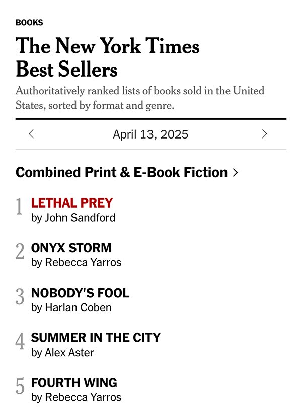 Lethal Prey debuted at #1 on the New York Times combined print &amp; digital bestseller list for April 13. It’s a good start.
