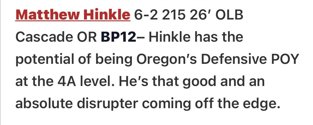 DBD_Stretch (@wellscaleb51) on Twitter photo One Of The States Best Kept Secrets…For Now👀📈‼️
‘26 6’2 220 EDGE/OLB/ATH
<a href="/MatthewHinkle07/">Matthew Hinkle</a>
🥇 Team 4A All-State 🏈
4A State Champion Wrestler🤼🏆
JR SZN TAPE🎥⬇️
hudl.com/v/2RvC4r
<a href="/B12PFootball/">Big12Performance</a> <a href="/JordanJ_/">Jordan Johnson</a> <a href="/PrepRedzoneOR/">Prep Redzone Oregon</a> One Of The States Best Kept Secrets…For Now👀📈‼️
‘26 6’2 220 EDGE/OLB/ATH
<a href="/MatthewHinkle07/">Matthew Hinkle</a>
🥇 Team 4A All-State 🏈
4A State Champion Wrestler🤼🏆
JR SZN TAPE🎥⬇️
hudl.com/v/2RvC4r
<a href="/B12PFootball/">Big12Performance</a> <a href="/JordanJ_/">Jordan Johnson</a> <a href="/PrepRedzoneOR/">Prep Redzone Oregon</a>