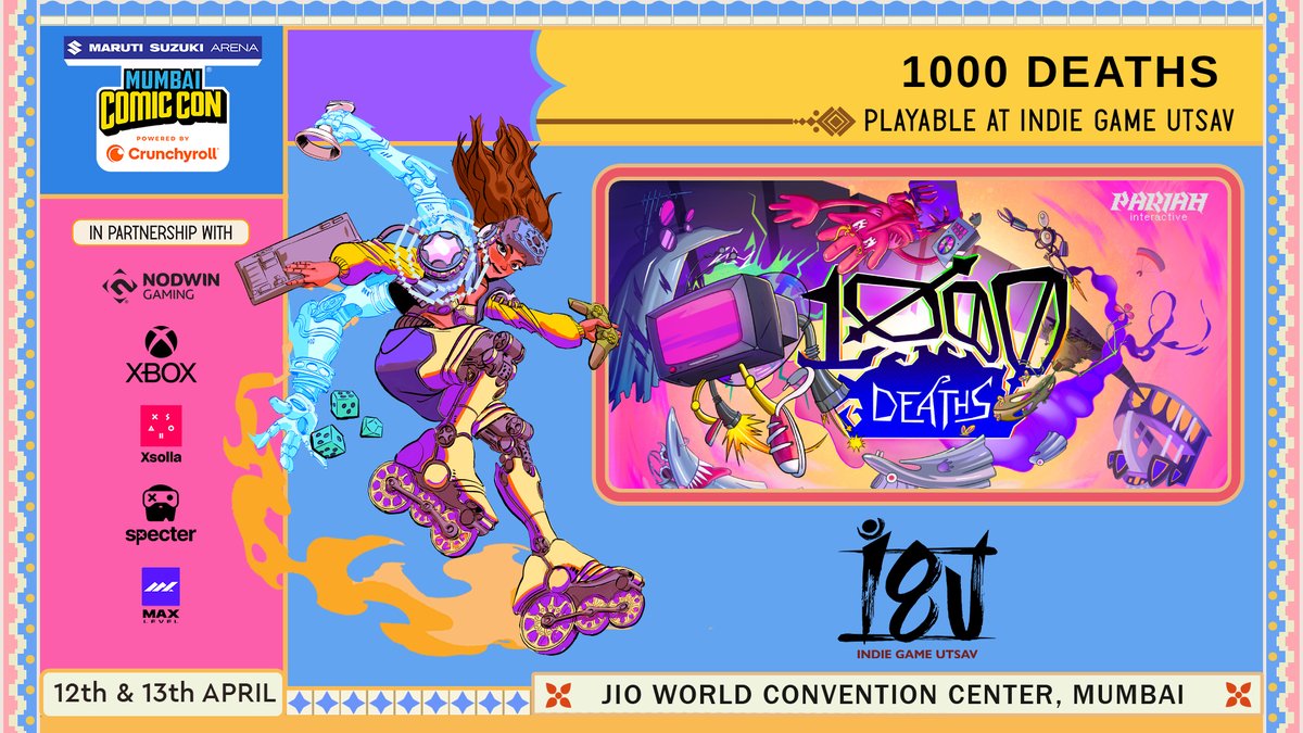 PARIAH | indie game studio making 1000 Deaths (@pariahinteract) on Twitter photo 1000 Deaths is coming to Mumbai this weekend!🌊
Showcasing for the first time at #IndieGameUtsav at #MumbaiComicCon!
⏰11 am - 9 pm
📅12 - 13 April
📍Jio World Convention Centre
Flaunt your platforming skills or chat with our devs🥰
<a href="/indiegameutsav/">indiegameutsav</a> <a href="/ComicConIndia/">Comic Con India</a> 1000 Deaths is coming to Mumbai this weekend!🌊
Showcasing for the first time at #IndieGameUtsav at #MumbaiComicCon!
⏰11 am - 9 pm
📅12 - 13 April
📍Jio World Convention Centre
Flaunt your platforming skills or chat with our devs🥰
<a href="/indiegameutsav/">indiegameutsav</a> <a href="/ComicConIndia/">Comic Con India</a>