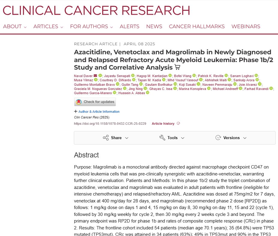 Hagop Kantarjian,MD (@drhkantarjian) on Twitter photo Ph 1b/2 trial of Aza-Ven-Magro in newly-diagnosed high-risk and R/R #AML: Clinical data & correlative analysis, published in <a href="/CCR_AACR/">Clinical Cancer Research</a>
doi.org/10.1158/1078-0…
Unfortunately, the neg Ph3 ENHANCE trials terminates research w/ Magrolimab and likely anti-CD47 Rx in AML for now Ph 1b/2 trial of Aza-Ven-Magro in newly-diagnosed high-risk and R/R #AML: Clinical data & correlative analysis, published in <a href="/CCR_AACR/">Clinical Cancer Research</a>
doi.org/10.1158/1078-0…
Unfortunately, the neg Ph3 ENHANCE trials terminates research w/ Magrolimab and likely anti-CD47 Rx in AML for now