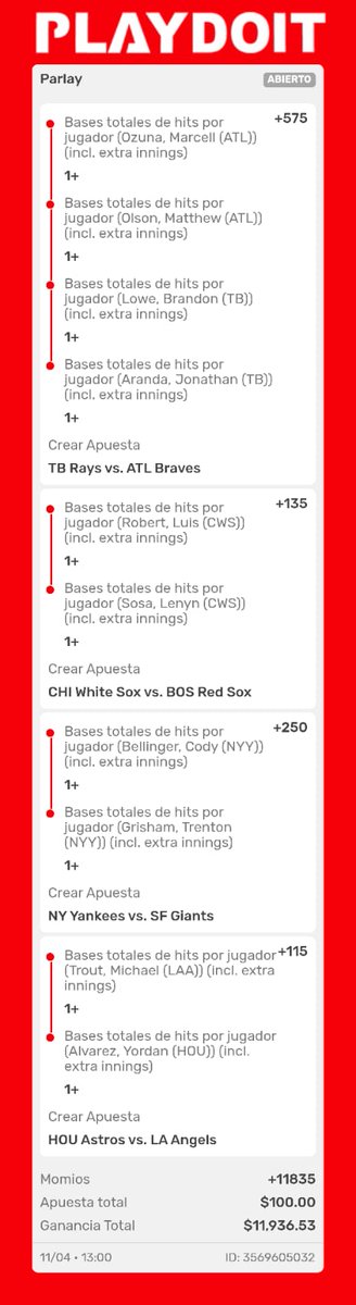 maeparlays's tweet photo. Te IMAGINAS ganar $11,000 por solo apostar $100 y que solo sea a 1 Hit de cada bateador con el Swing más largo de cada equipo??? 

Voy a intentar y quién guste acompañarme de este #Maeparlay de puro Hit! 
Venga esos Rt y Fav para coronarlo!! https://t.co/3R8ksGWsDw