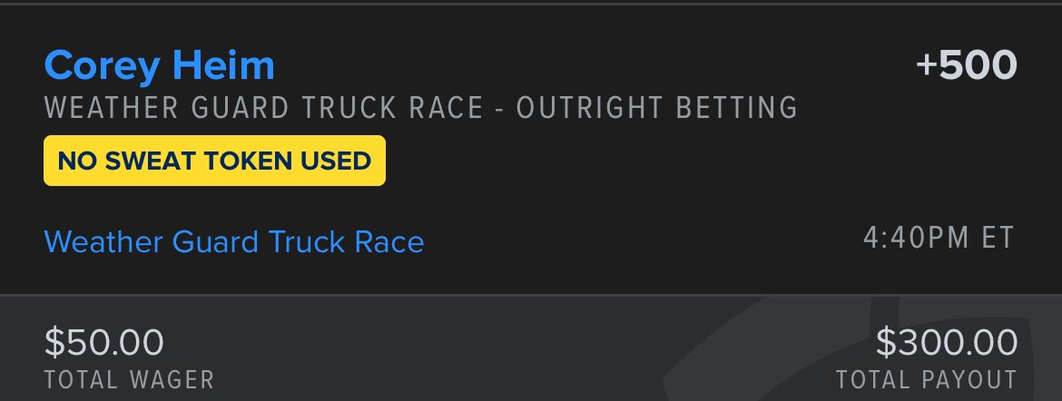 nascardollars's tweet photo. I was convinced by @NASCAR_Money to bet this, if it doesn’t hit I’m reporting his account for false information #HeimTime https://t.co/oBnMGn4SYT