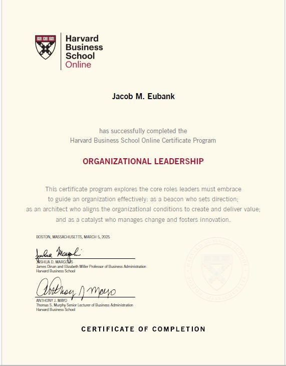 Jacob M. Eubank, Ed.D. (@drjacobmeubank) on Twitter photo Excited to announce the completion of the Organizational Leadership Certificate Program at Harvard Business School Online! 🌟
<a href="/LehmanCollege/">Lehman College</a> <a href="/CUNY/">The City University of New York</a> #HBSonline #OrganizationalLeadershipCertificate #ContinuousLearning 🎓
Certificate Verification: online.hbs.edu/verify-certifi… Excited to announce the completion of the Organizational Leadership Certificate Program at Harvard Business School Online! 🌟
<a href="/LehmanCollege/">Lehman College</a> <a href="/CUNY/">The City University of New York</a> #HBSonline #OrganizationalLeadershipCertificate #ContinuousLearning 🎓
Certificate Verification: online.hbs.edu/verify-certifi…