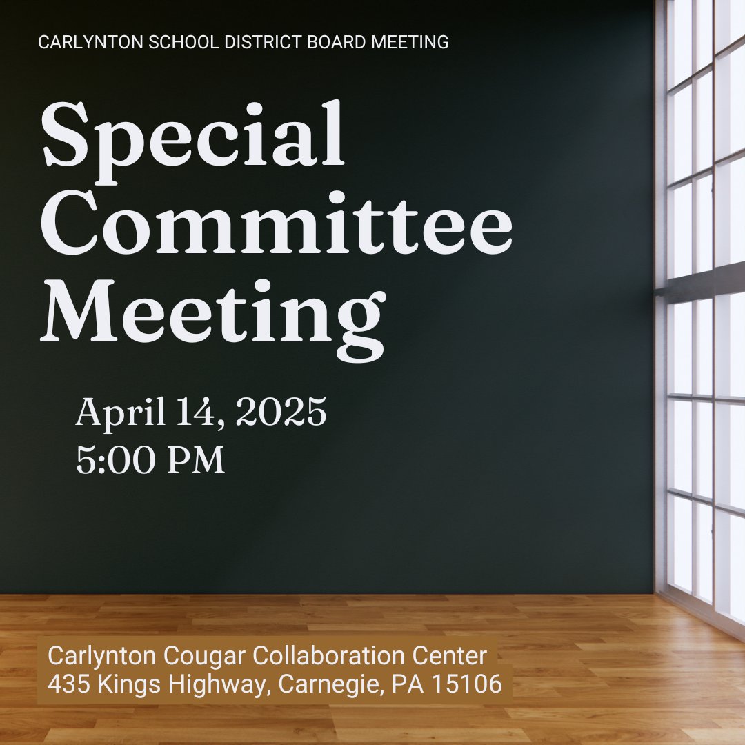 The Carlynton Board of School Directors will hold a Special Work Session on Monday, April 14, 2025, at 5:00 PM at the JSHS in the CCC. The purpose of the meeting is to review bids related to the Carnegie Elementary Renovation Project. The agenda is available on BoardDocs.