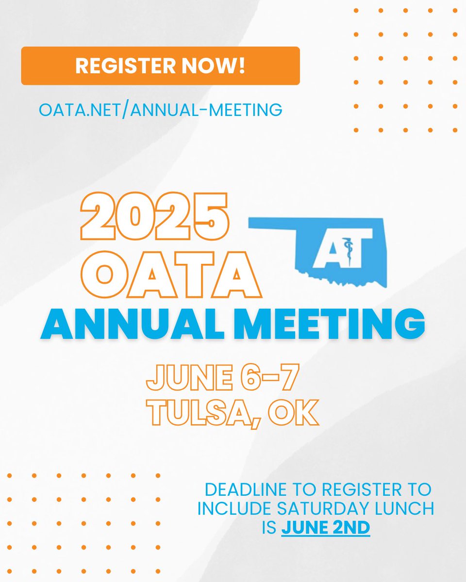 🔔 Registration Reminder — Will you be joining us in Tulsa?

We have a great line up with 10.5 CEUs this year, along with some fantastic sponsors and vendors.

✍️ Registration is live at: oata.net/annual-meeting

💥 Deadline to register to include Saturday lunch is June 2nd.