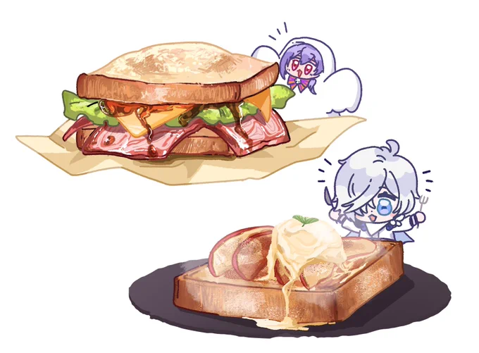 #月兎ぴくちゃー 朝ごはんの話に出てきたサンドイッチやらアップルシナモンやらが美味しそうで… 描きたくなってしもた……強欲だからアイスとか乗っける。