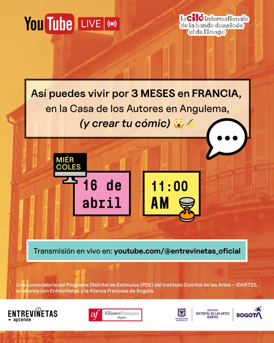#Bogotá✍️ ¿Te gustaría vivir 3 MESES en FRANCIA y crear tu cómic en la Casa de los Autores en Angulema?

Te esperamos en nuestro YouTube Live para conocer más sobre esta gran oportunidad profesional  🇫🇷

📺 En vivo en: bit.ly/4lrvFIz 👀

#Angulema2025 #Cómic #PDE2025