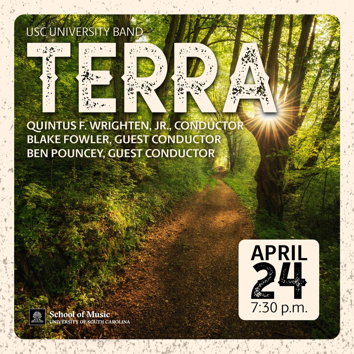 The Carolina Band (@thecarolinaband) on Twitter photo USC University Band is excited to present their final concert, “Terra” on Thursday, April 24 <a href="/KogerCenter/">Koger Center for the Arts</a>.
An ode to the beauty of the blooming Earth, featuring the music of Frank Ticheli, Thomas Duffy, Steven Bryant, Percy Grainger, Robert W. Smith, and more. Free to attend! USC University Band is excited to present their final concert, “Terra” on Thursday, April 24 <a href="/KogerCenter/">Koger Center for the Arts</a>.
An ode to the beauty of the blooming Earth, featuring the music of Frank Ticheli, Thomas Duffy, Steven Bryant, Percy Grainger, Robert W. Smith, and more. Free to attend!
