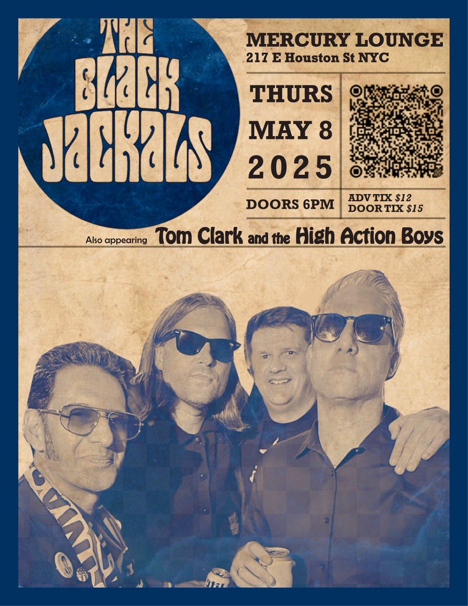 GO JACKALS GO GO ! Tickets on sale NOW! 

 🎫 Link in Bio 
ticketmaster.com/the-black-jack…

 @mercuryloungeny 05.08.25
 Doors 6pm 
 @tomclarknyc and The High Action Boys 6:30pm
 @theblackjackals 7:30pm

#theblackjackals #theblackjackalsnyc #theblackjackalslive #highonyourlove