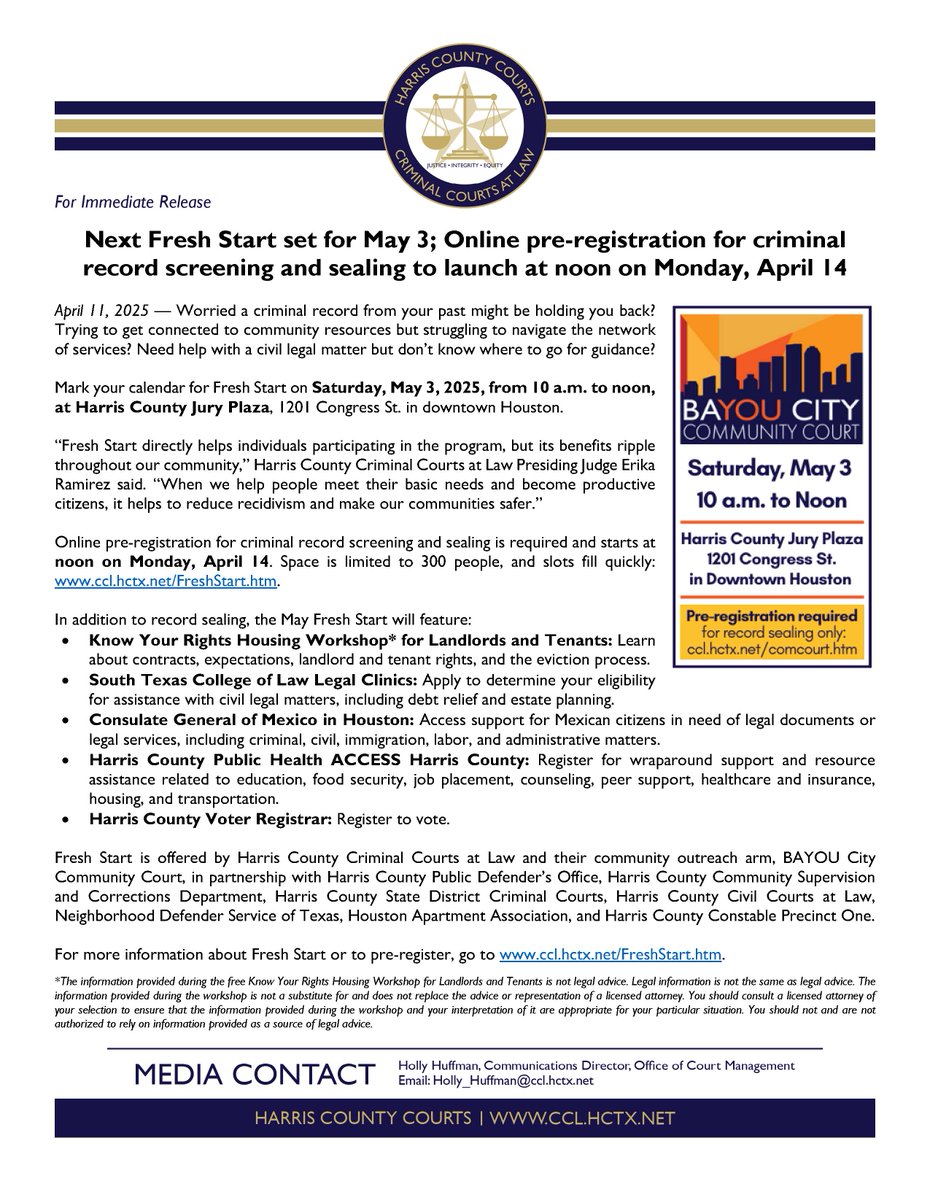 HarrisCoCourts's tweet photo. #NEWS: Fresh Start returns 5/3! Pre-registration for record screening &amp; sealing opens at noon on 4/14. More: https://t.co/z96cp8dPdz @hctxpdo @harriscountycscd @harris_county_district_courts @Pct1Constable @HCCSCD @HAAOnline @NeighborhoodDef @ConsulMexHou @hcphtx @stcl_houston https://t.co/lvlsAU7XP7