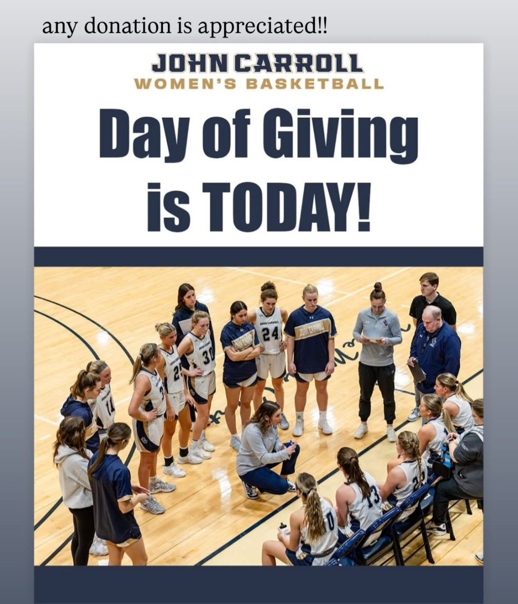 HELLO JCU ⚡️Nation!! Today is the annual day of giving and this year they are asking for donations to help fund a new locker room and new gear 🥳  Please help support <a href="/kaylie_mckenney/">Kaylie McKenney</a> and her team! Use this link to submit your donation: shorturl.at/cNMug  <a href="/JCU_WBB/">John Carroll Women's Basketball</a>
