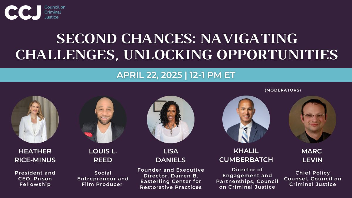 CouncilonCJ's tweet image. Join the CCJ Centering Justice initiative and a panel of experts–@RiceMinus, @LouislReed, and Lisa Daniels–for a webinar on second chances, including examples of progress and barriers to successful reintegration. Register at: counciloncj-org.zoom.us/webinar/regist…