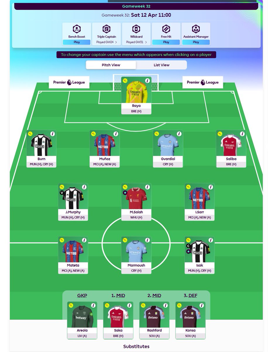 I've not paid enough attention to FPL this season, but looking for a half decent finish. Is there a chip strategy for someone with Assistant Manager (AM), Bench Boost (BB) &amp; Free Hit (FH) that makes sense from here? GW32 team below. I'm aware I don't want AM to block another chip