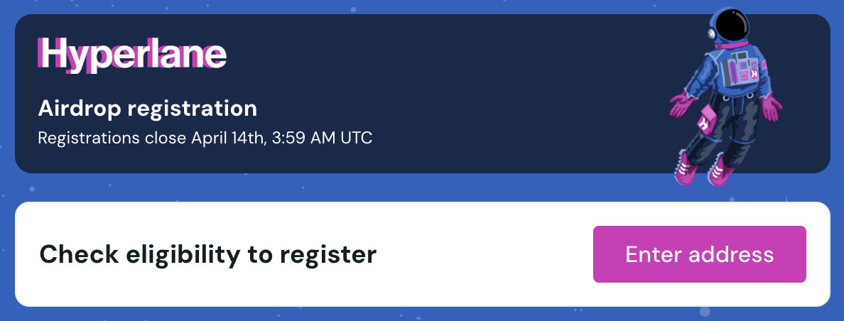 Psssst, oublie pas d'enregistrer ton wallet pour $HYPER

Sinon ça en fera plus pour nous

Deadline : Le 14 Avril à 5h du mat'

Lien : claim.hyperlane.foundation