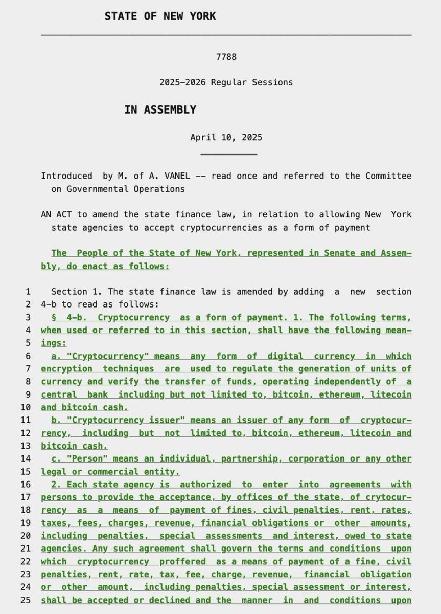 BitcoinNews's tweet photo. 🚨 New York has introduced Assembly Bill 7788, allowing state agencies to accept crypto, including Bitcoin, for taxes, fees, and fines.

Sponsored by Rep. Clyde Vanel, the bill could be a significant step toward public sector crypto adoption. https://t.co/KSsPs8jBBE