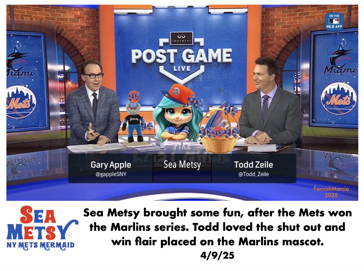 Sea Metsy was on the Mets Post Game Show and brought the flaired up Marlins mascot. The guys loved to see the shut out and win flair-- the Mets did win the series! <a href="/Todd_Zeile/">Todd Zeile</a> <a href="/gappleSNY/">gary apple</a> <a href="/DanHicken/">Dan Hicken</a> <a href="/StevenACohen2/">Steven Cohen</a>