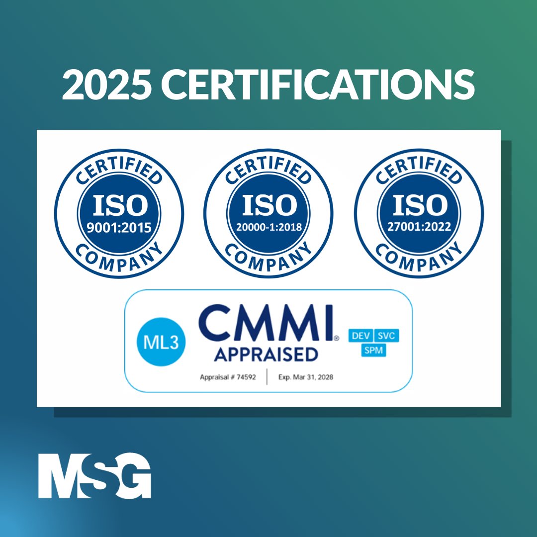 ✅ MSG is officially #ISOStandards and #CMMI Level 3 certified! This milestone reflects our team’s commitment to operational excellence. These internationally recognized certifications reinforce our promise to deliver maximum value for our clients across all sectors.