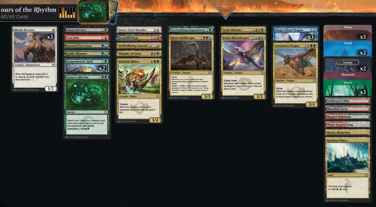 ExYuusha's tweet photo. 2nd attempt at building a 5 colour deck pretty excited about this one hope it does well. #MTGArena #Dragonstorm https://t.co/P3cKQNOMhu