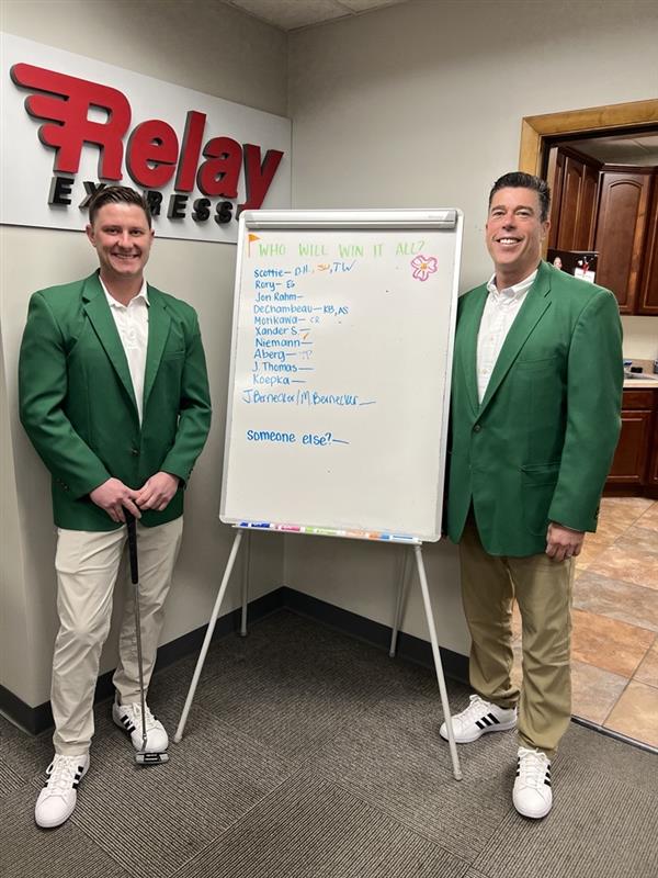 RelayExpress's tweet photo. If you know us, you know we never miss a chance to dress up! Today, we celebrated #TheMasters and chose who we thought would wear a green jacket with us on Sunday. Want to see a hole in one this weekend? Choose Relay Express for your next delivery 😉🏆⛳ https://t.co/ogirY86bqC