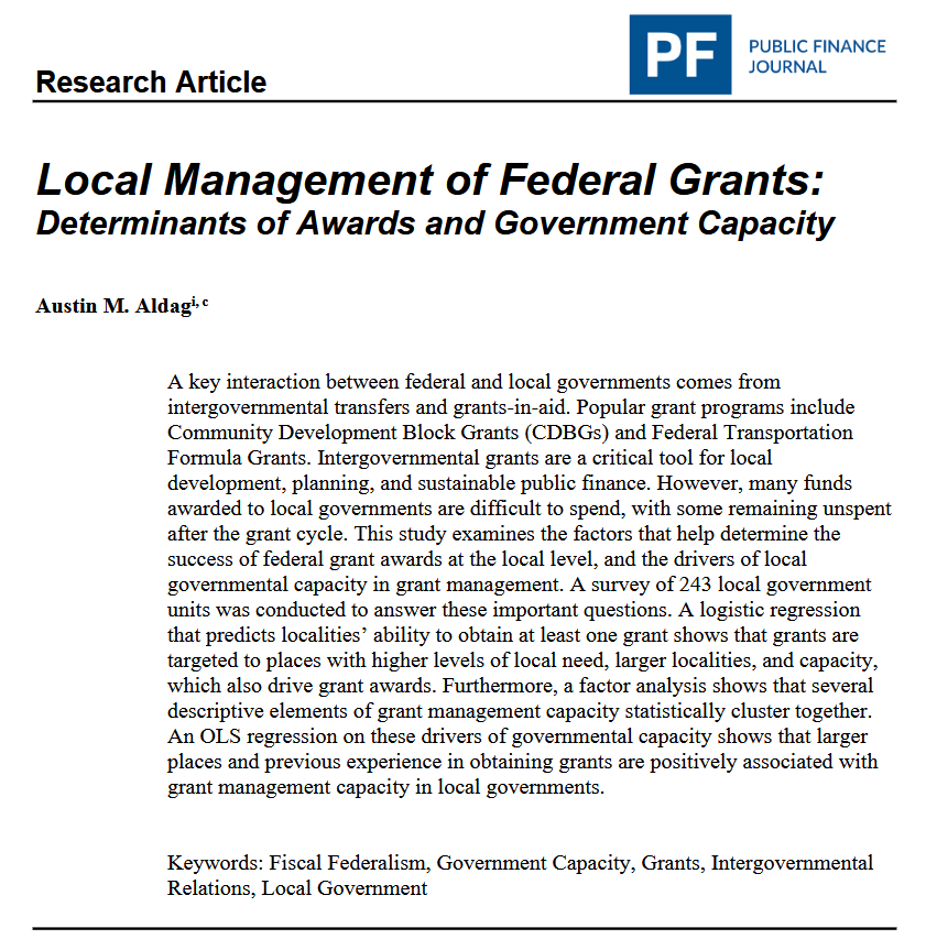 PublicFinance (@journal_pf) on Twitter photo We need a better understanding of the management at the local level of federal grants. <a href="/Austin_Aldag/">Austin M. Aldag</a> provides findings regarding this in "Local Management of Federal Grants: Determinants of Awards and Government Capacity." doi.org/10.59469/pfj.2… We need a better understanding of the management at the local level of federal grants. <a href="/Austin_Aldag/">Austin M. Aldag</a> provides findings regarding this in "Local Management of Federal Grants: Determinants of Awards and Government Capacity." doi.org/10.59469/pfj.2…