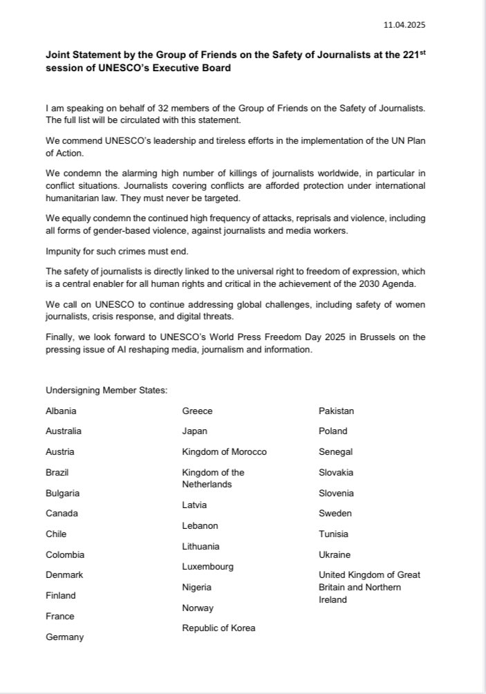AustriaatUNESCO's tweet photo. The 221st Executive Board successfully adopted a decision on #safetyofjournalists today. 

In a joint statement, 32 members of the Group of Friends on the Safety of Journalists welcomed UNESCOs leadership and tireless efforts in the implementation of the UN Plan of Action on SoJ https://t.co/A9ks8Pj8eB