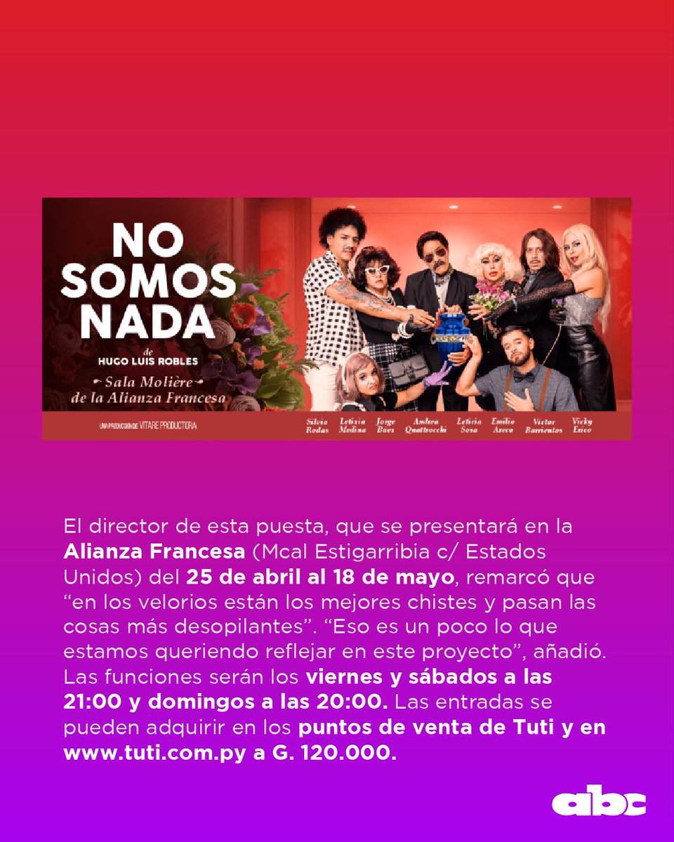 Romance985's tweet photo. #ABCTeatro | 🎭 La comedia “No somos nada”, escrita y dirigida por Hugo Luis Robles, llegará el próximo 25 de abril con figuras consagradas de la escena local y talentos emergentes. 

🔶 Varios enredos y situaciones desopilantes promete esta puesta, inspirada en situaciones reales, con mucho humor negro. 

En esta galería te contamos más 👇

📲 Leé la nota completa hecha por @maripilipy en https://t.co/1WhwMrGdDM. 

¿Qué te parece? 🤩

98.5FM🎧 Solo Éxitos.
🔗https://t.co/1xieAzYSd5