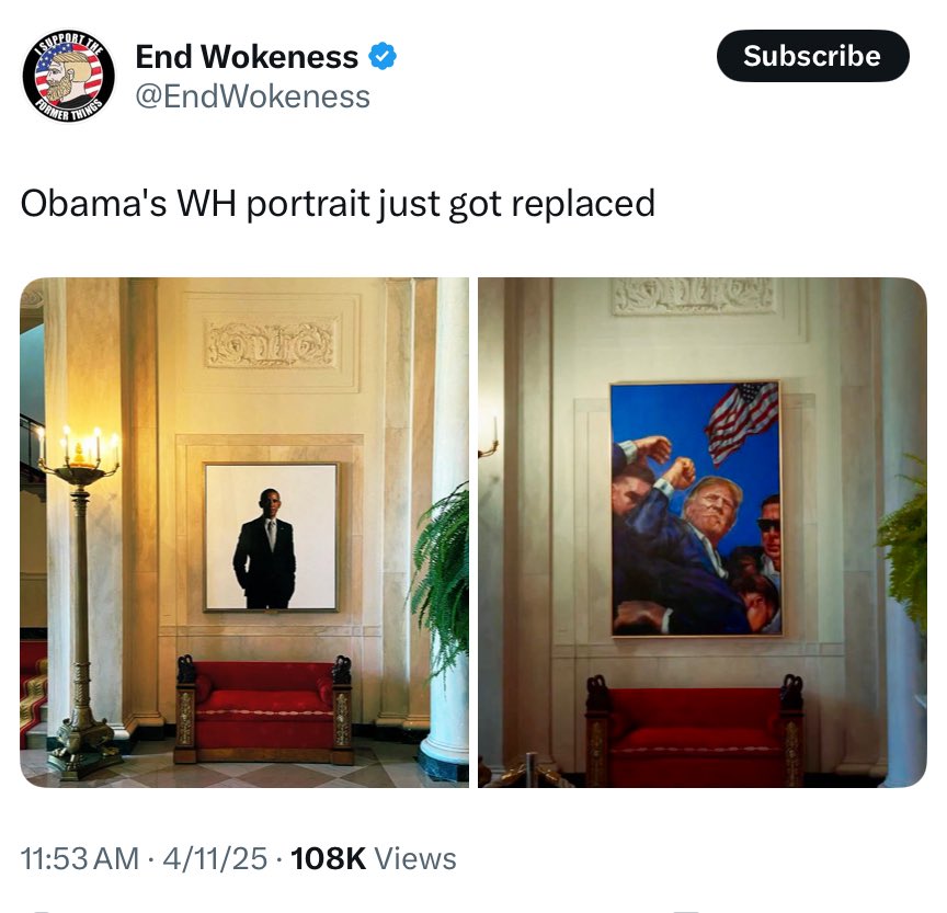 I have independently confirmed that President Obama’s portrait has indeed been replaced by this portrait of President Trump in the aftermath of the assassination attempt against him.