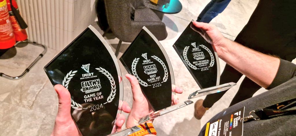 TheCosmicBren's tweet photo. Me and the boys won IMIRT 2024 Game of the Year today for the last Indie Game I worked on 🏆 #FilthyAnimals https://t.co/g64VWf5YCk